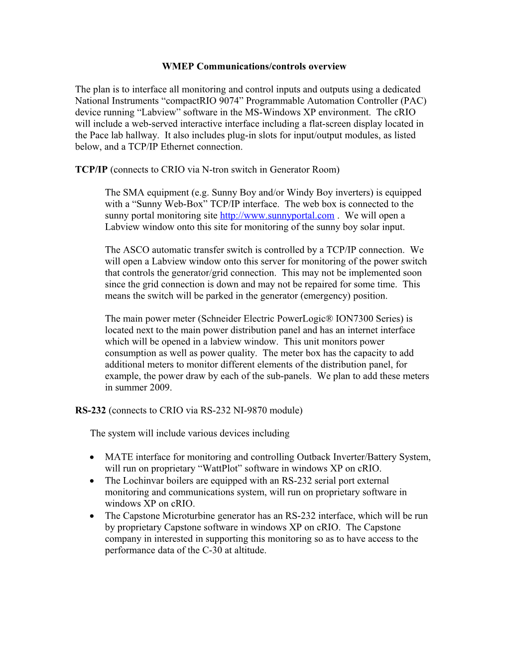 WMEP Communications/Controls Overview