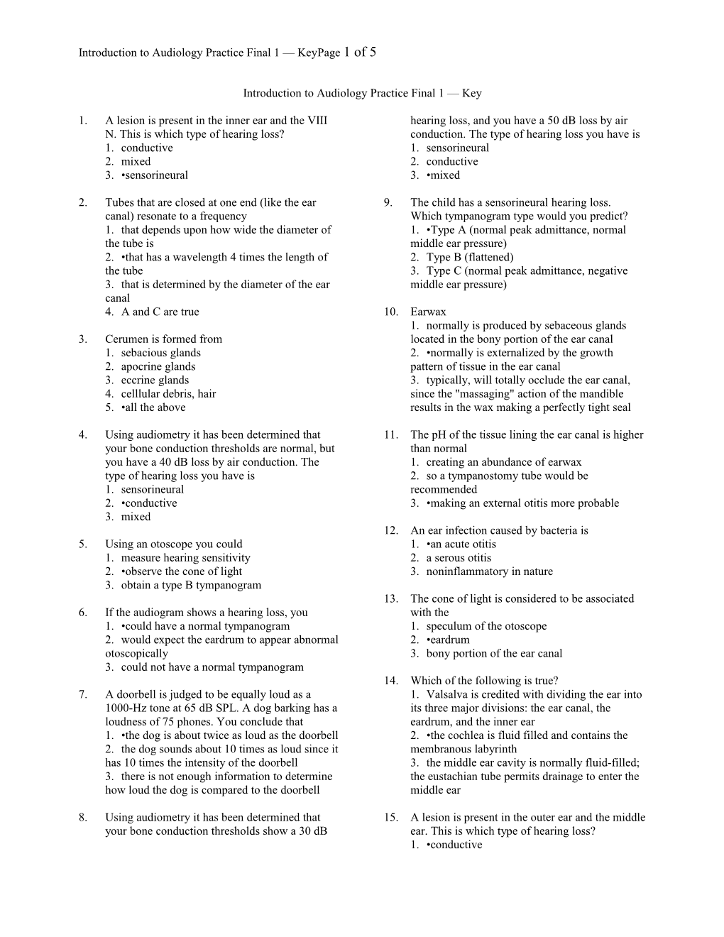 Introduction to Audiology Practice Final 1 Key