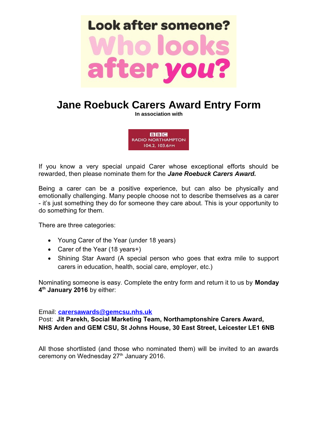 Jane Roebuck Carers Award Entry Form