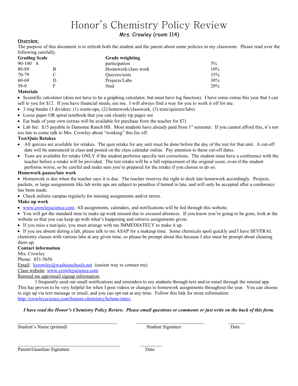 Honor S Chemistry Policy Review