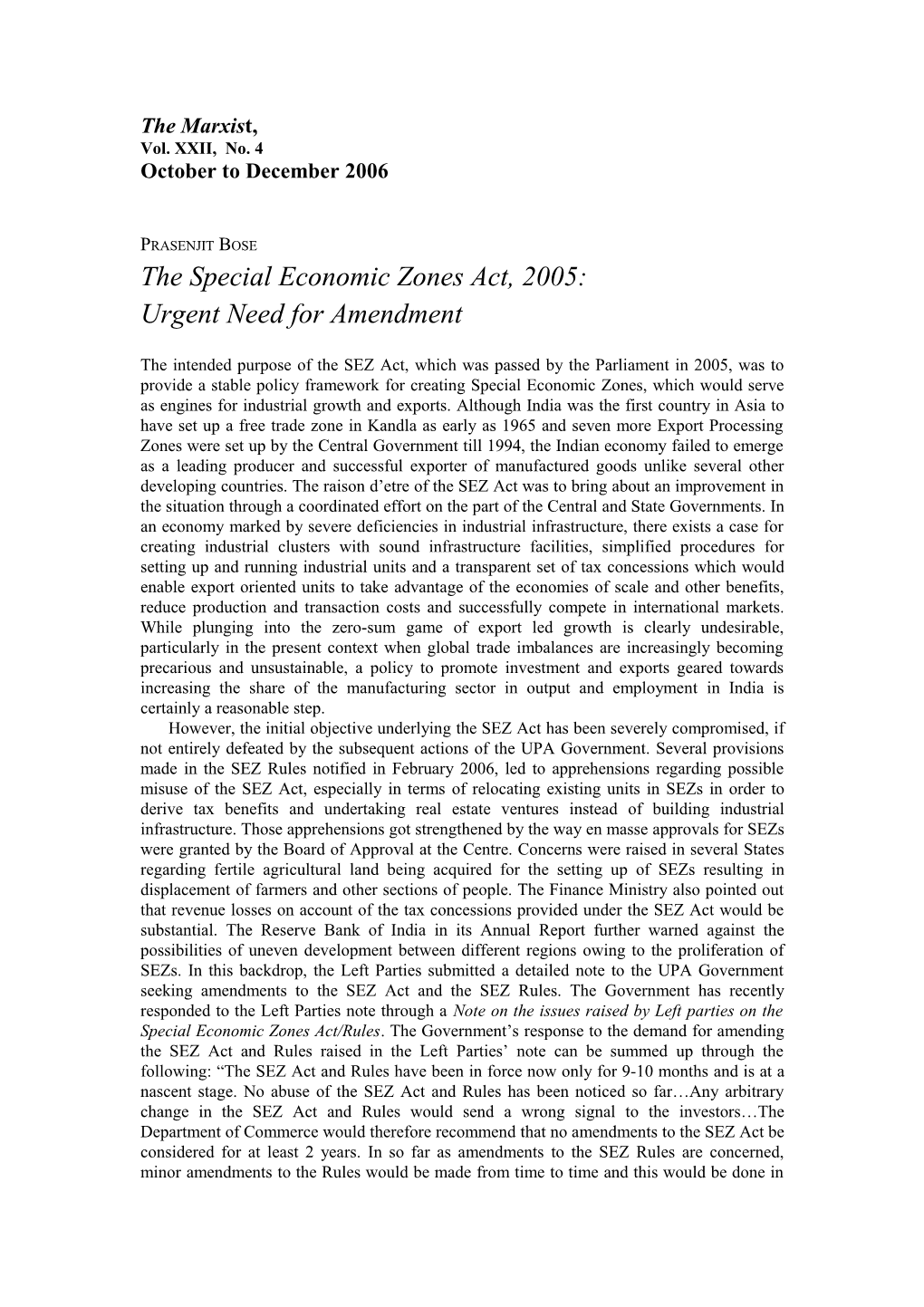 The Special Economic Zones Act, 2005
