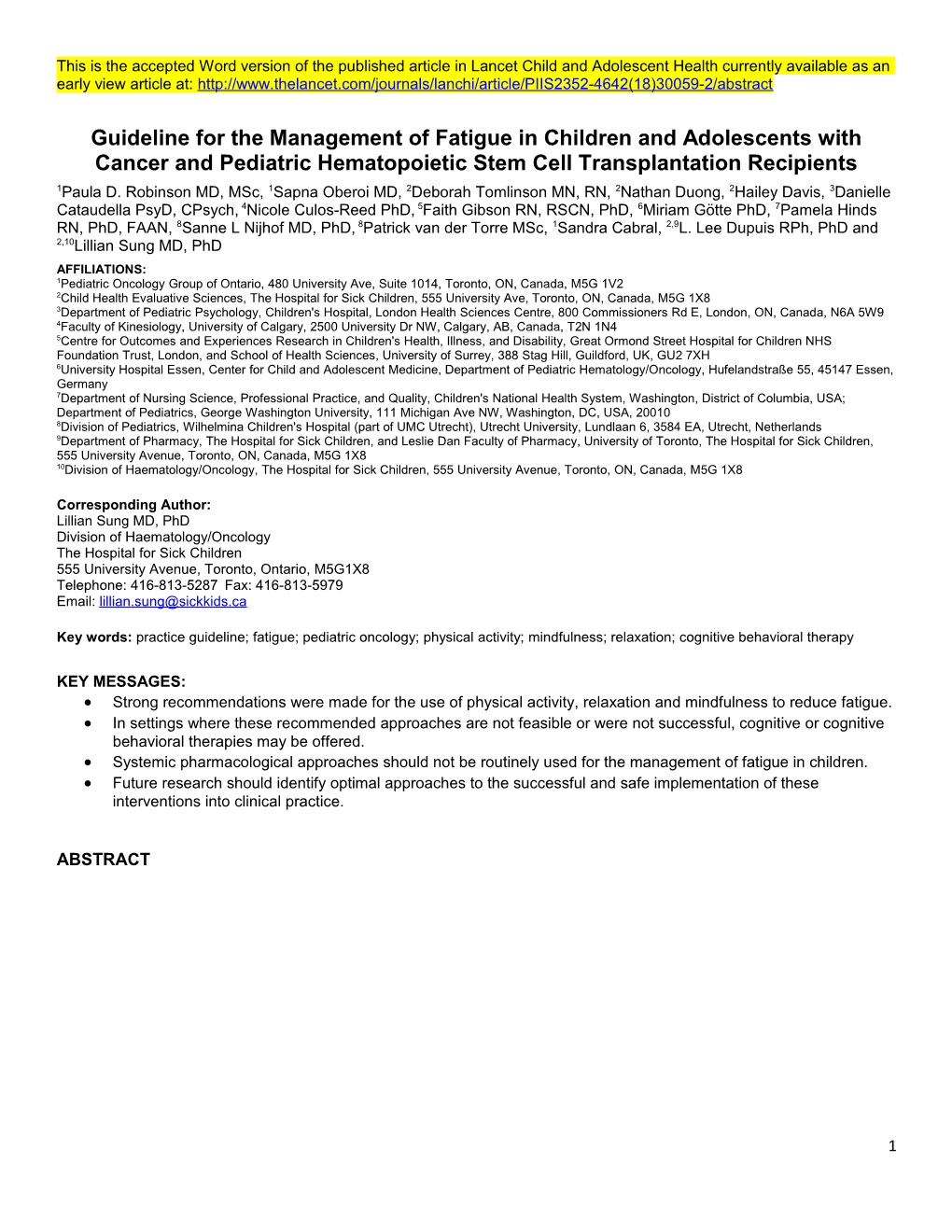 Guideline for the Management of Fatigue in Children and Adolescents with Cancer and Pediatric