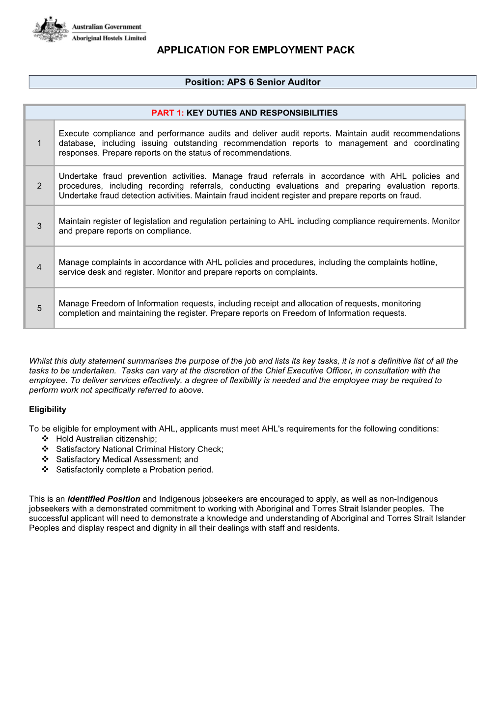 Position: APS 6 Senior Auditor