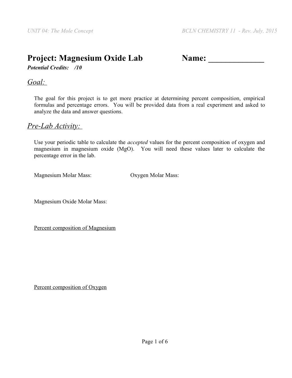 Project: Magnesium Oxide Lab Name: ______