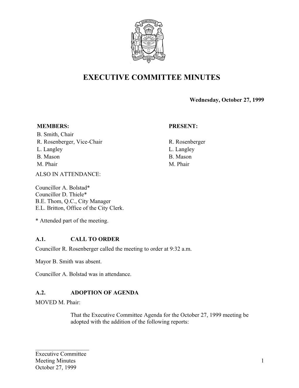 Minutes for Executive Committee October 27, 1999 Meeting