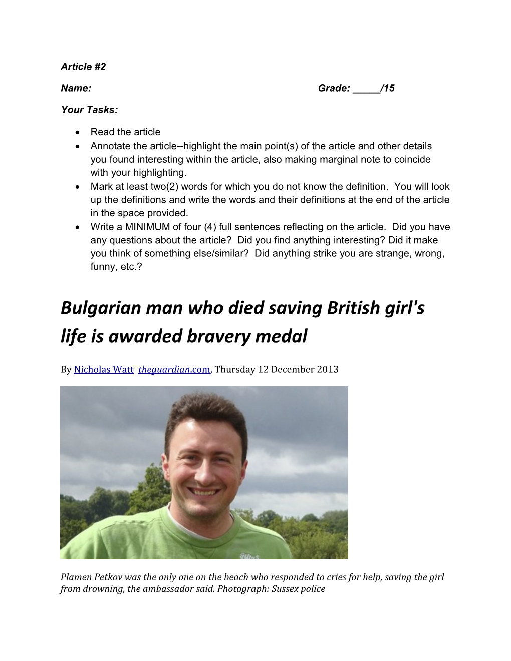 Bulgarian Man Who Died Saving British Girl's Life Is Awarded Bravery Medal