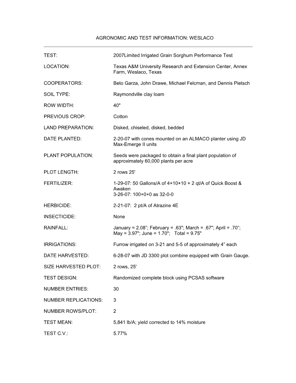 Agronomic and Test Information: Weslaco s2