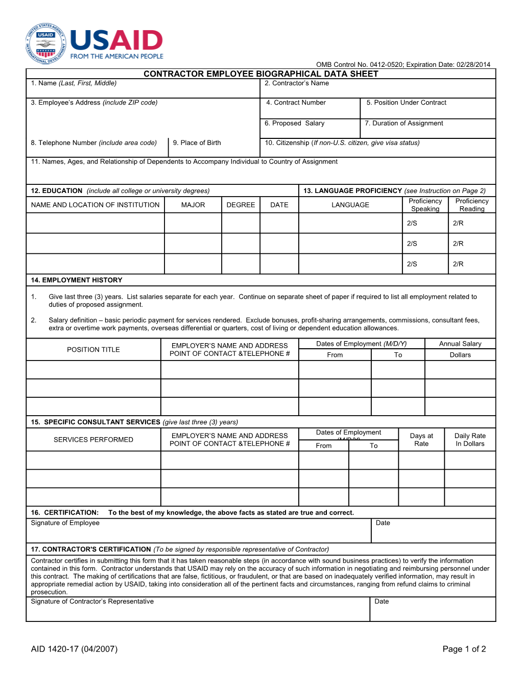 Contractor Employee Biographical Data Sheet