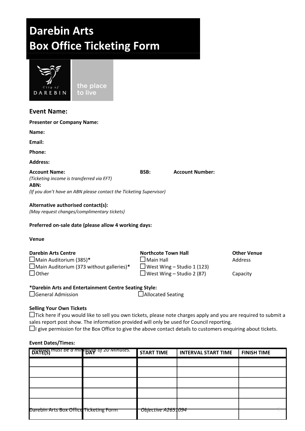 Darebin Arts Ticketing Form DRAFT