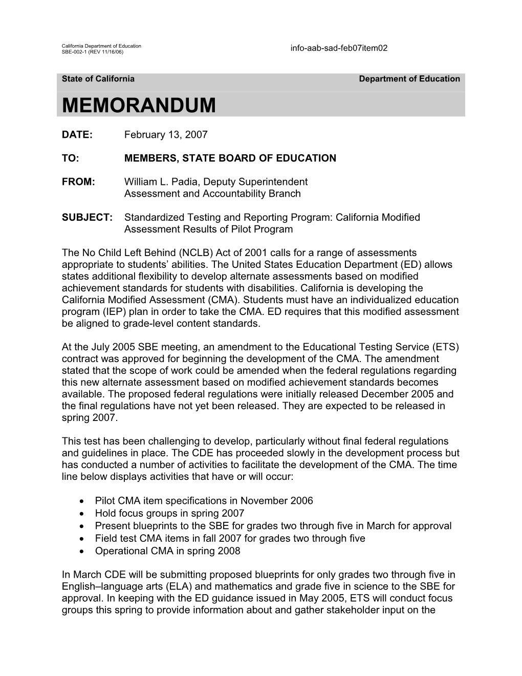 February 2007 SAD AAB Item 02 - Information Memorandum (CA State Board of Education)