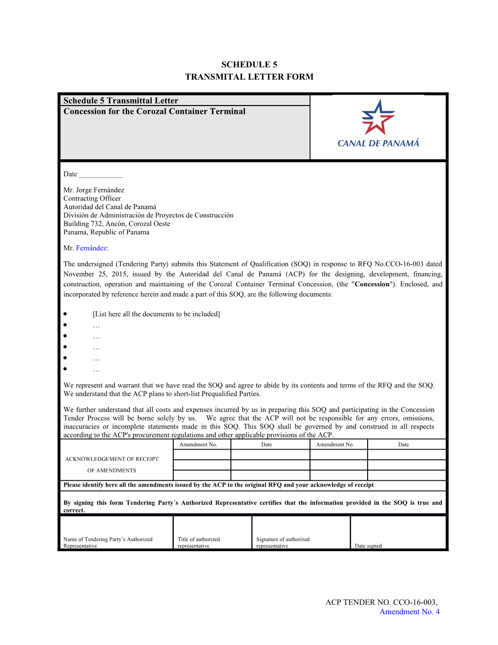 Schedule 5 Transmital Letter Form