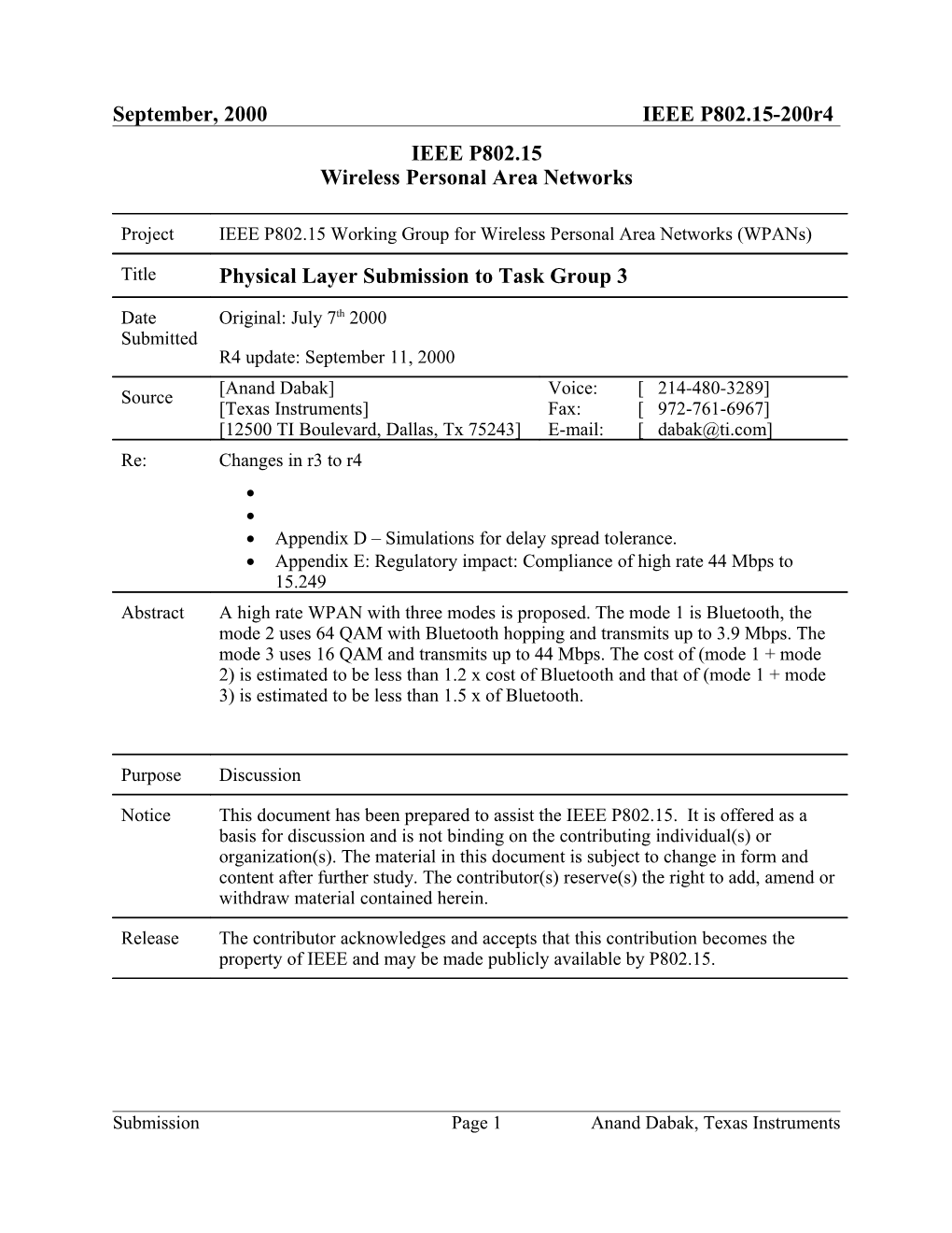 Physical Layer Submission to Task Group 3