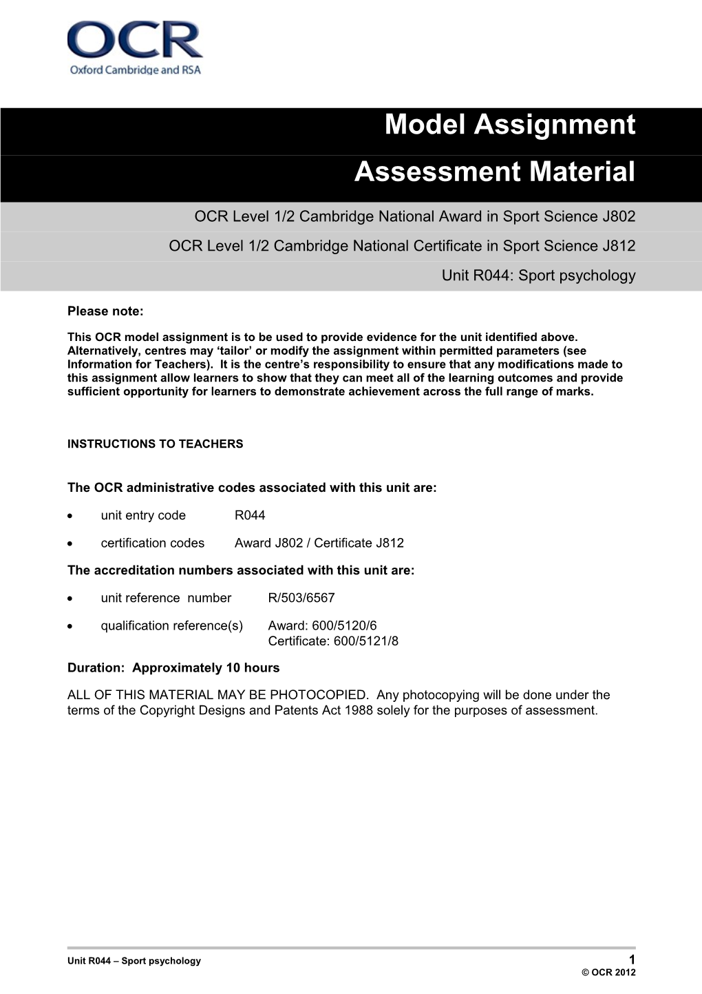 Unit R044 Sport Psychology - Model Assignment 1