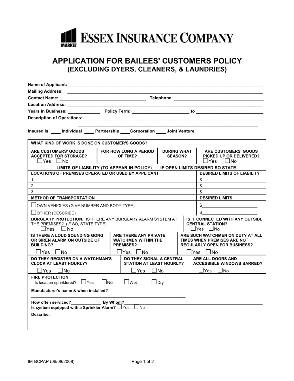 Bailees' Customers Property Application