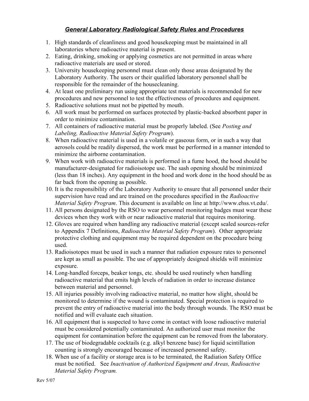 General Laboratory Radiological Safety Rules and Procedures