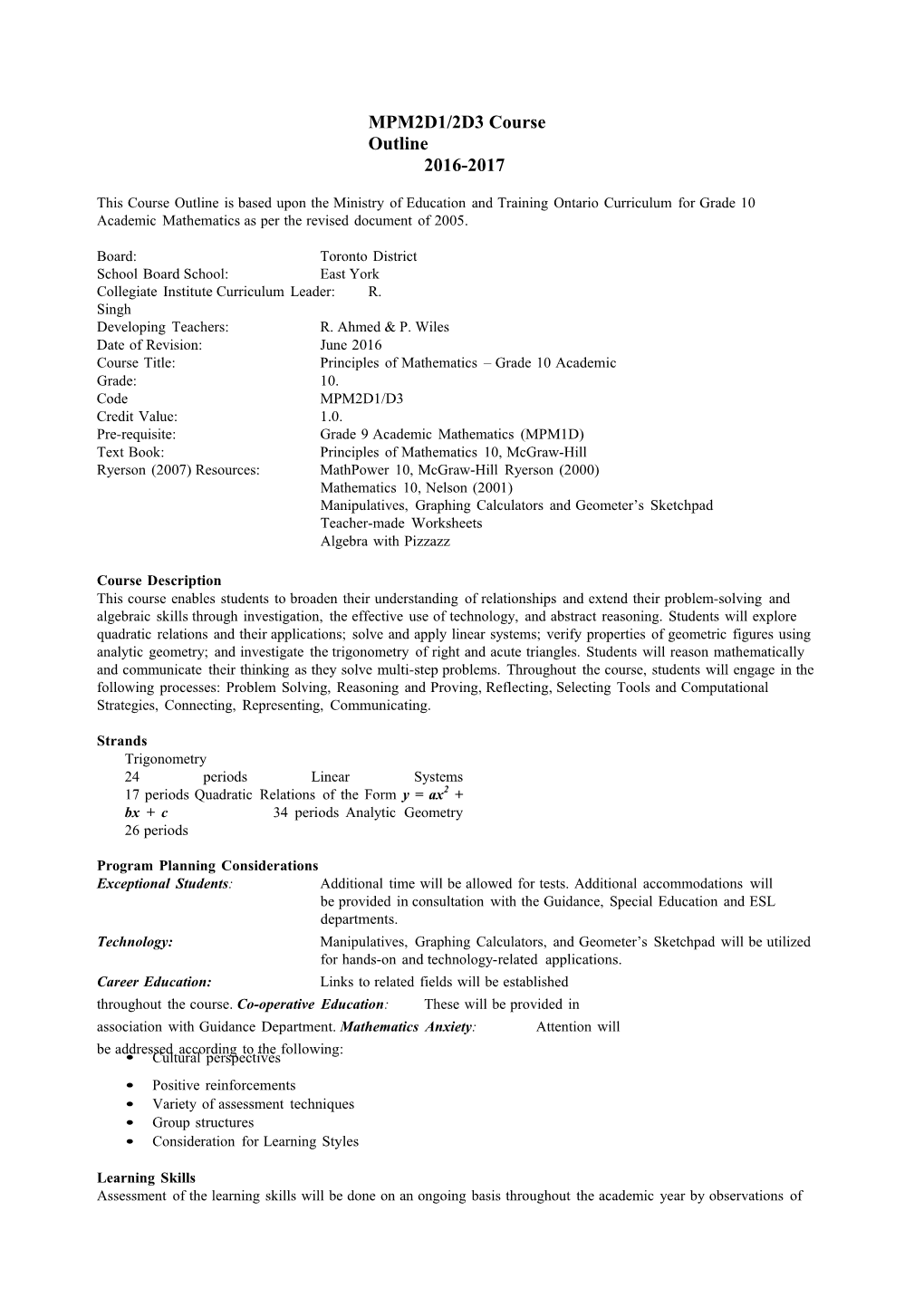 MPM2D1/2D3 Course Outline