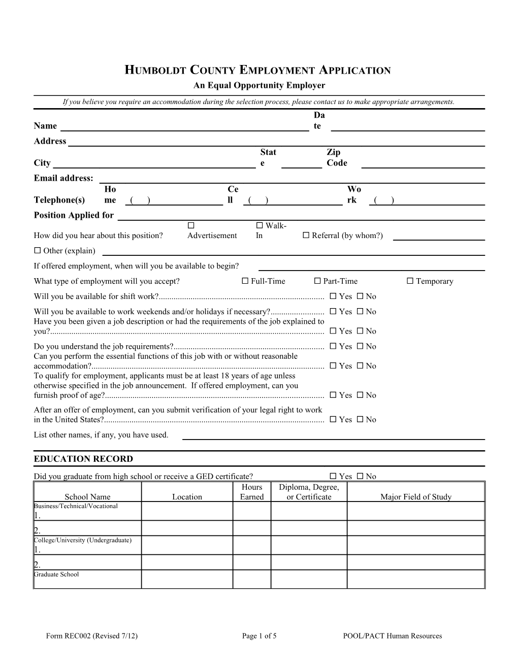 Form REC002 (Revised 7/12)Page 1 of 5POOL/PACT Human Resources