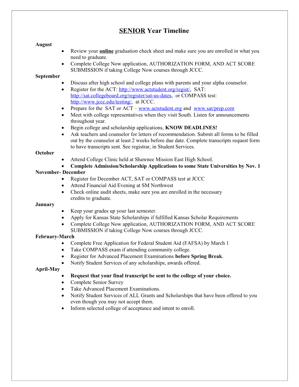 SENIOR Post High School Planning Timeline