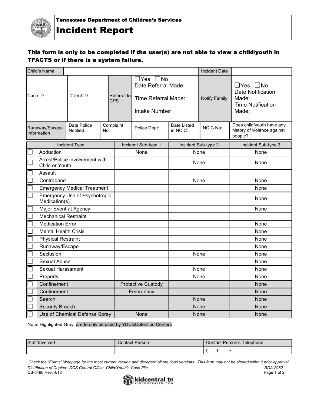 Note: Highlighted Gray: Are to Only Be Used by Ydcs/Detention Centers