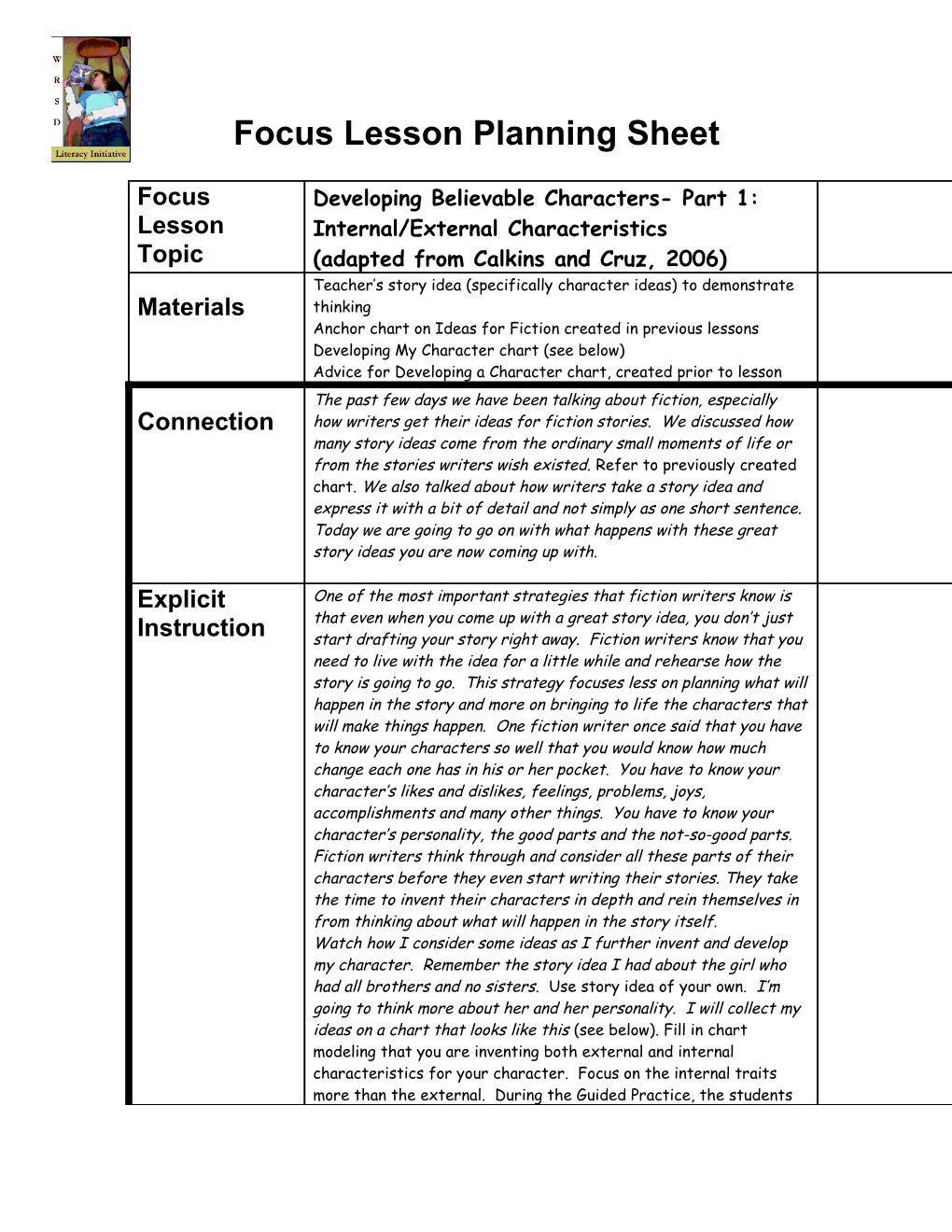 Focus Lesson Planning Sheet s4