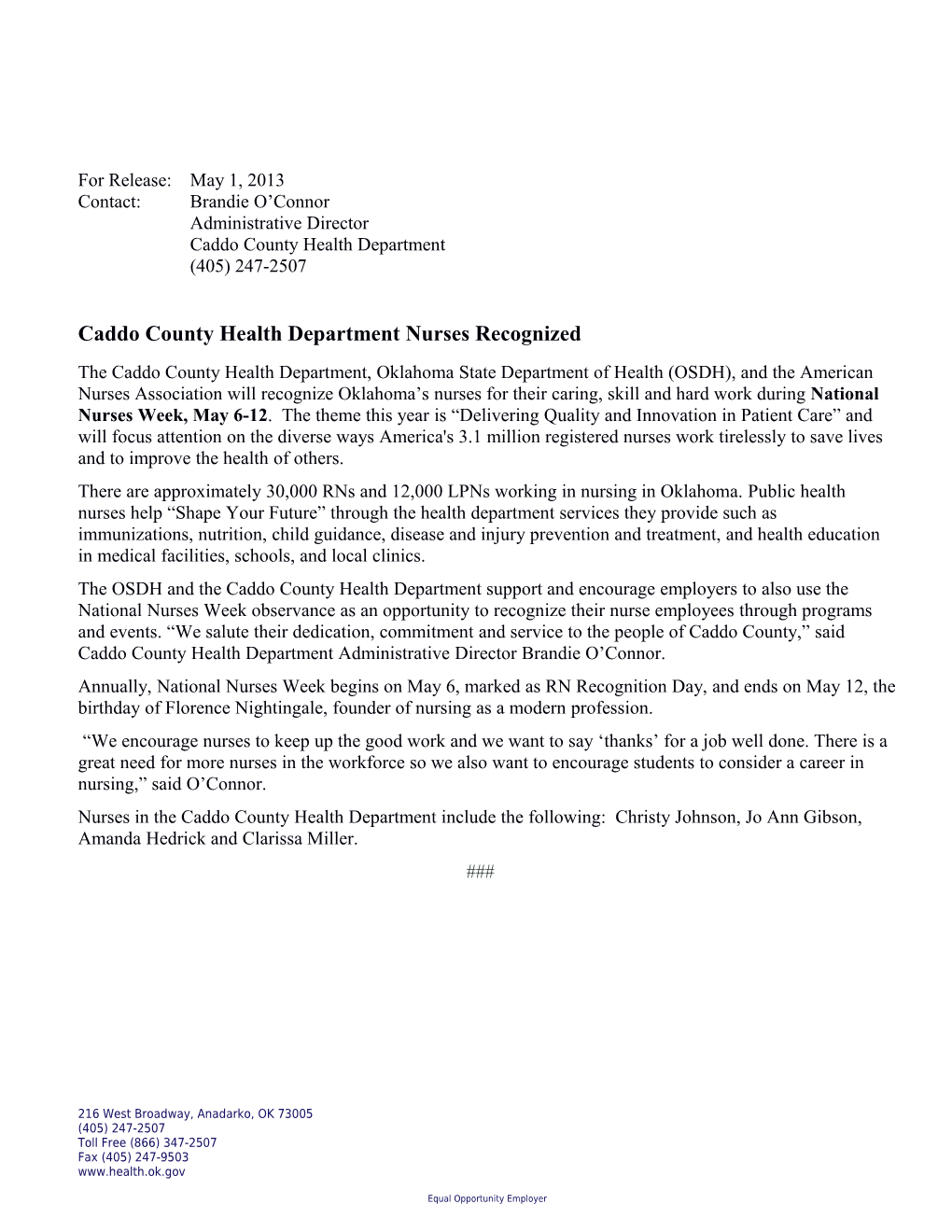 Caddo County Health Department Nurses Recognized