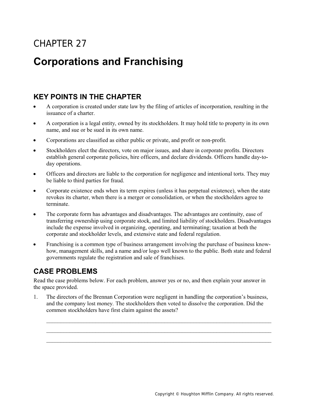 Chapter 27: Corporations and Franchising 171