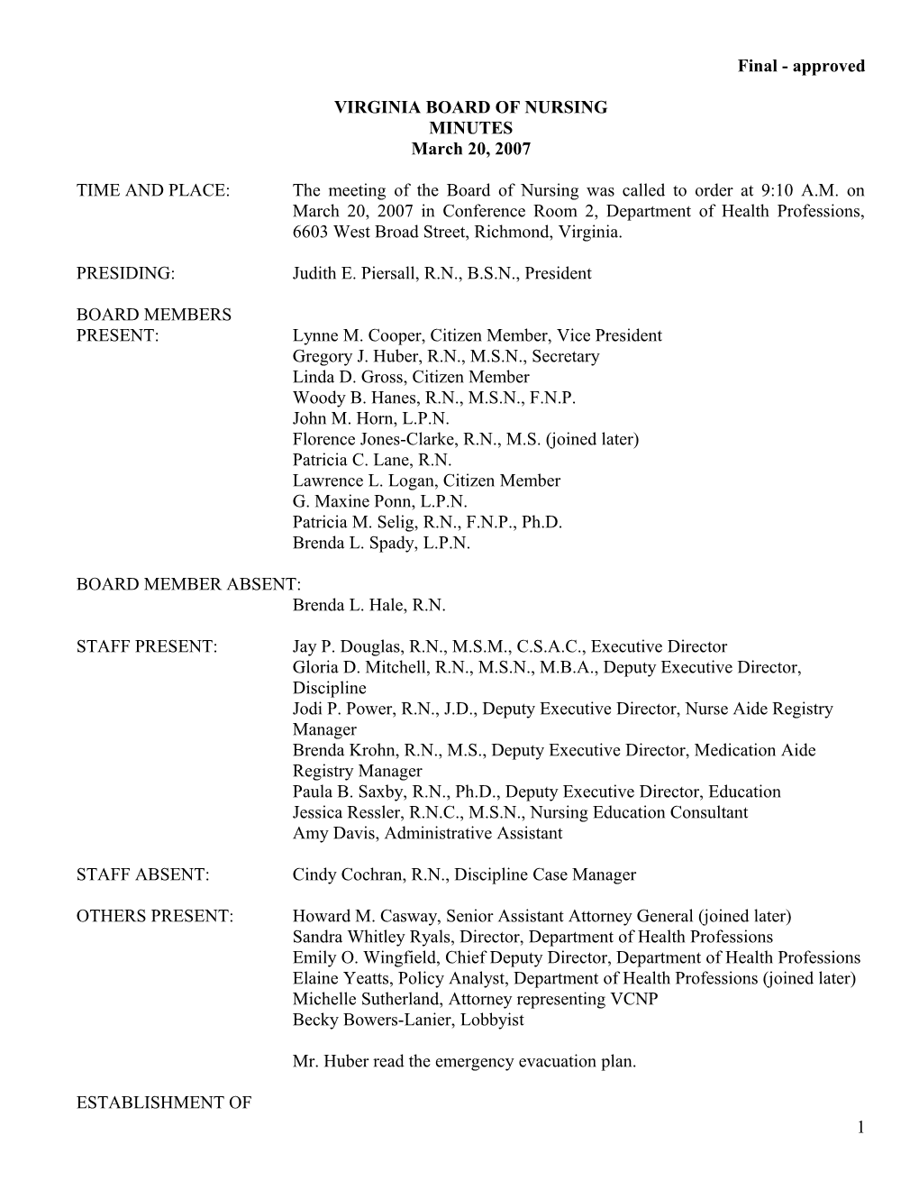 Nursing-Final Minutes Board Meeting March 20, 2007