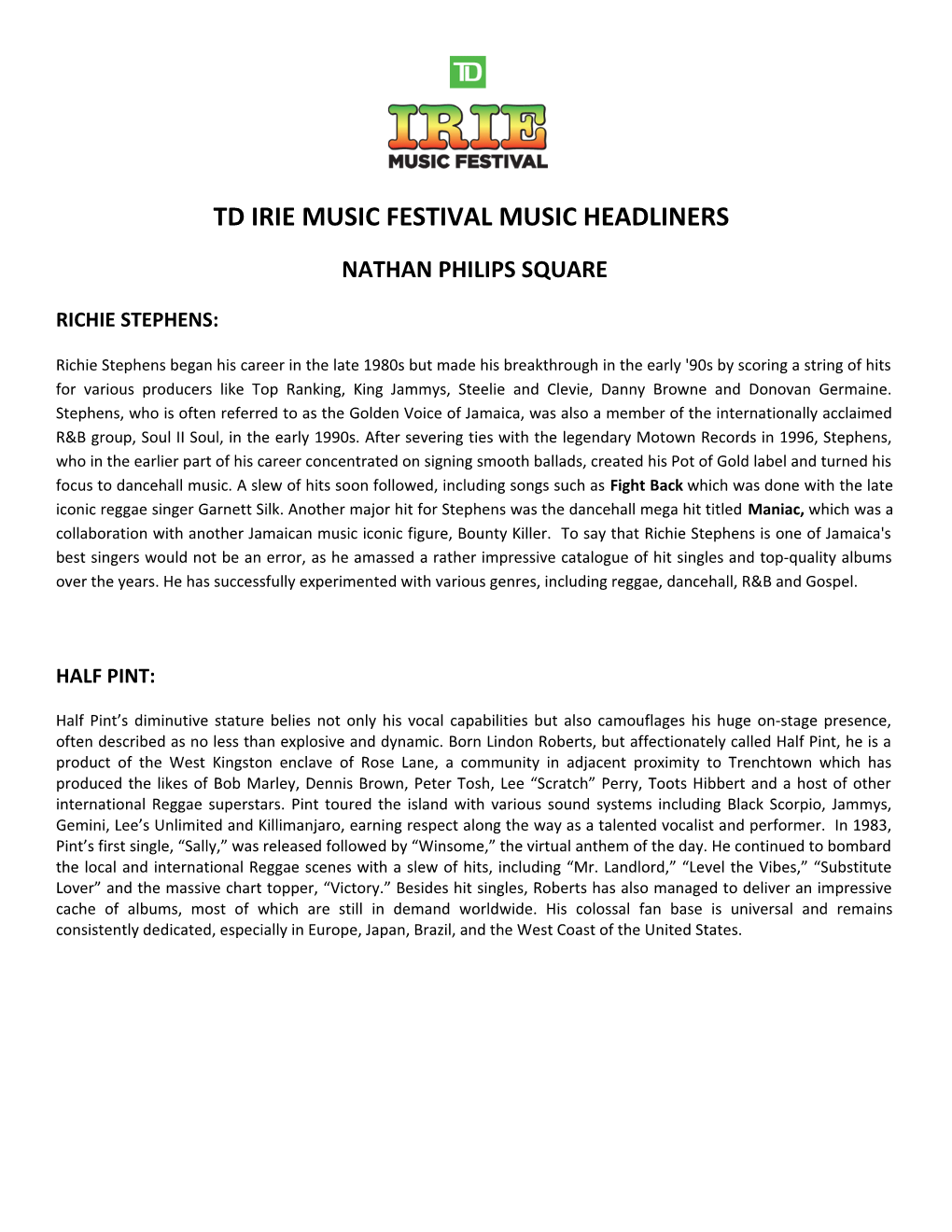 Td Irie Music Festival Music Headliners