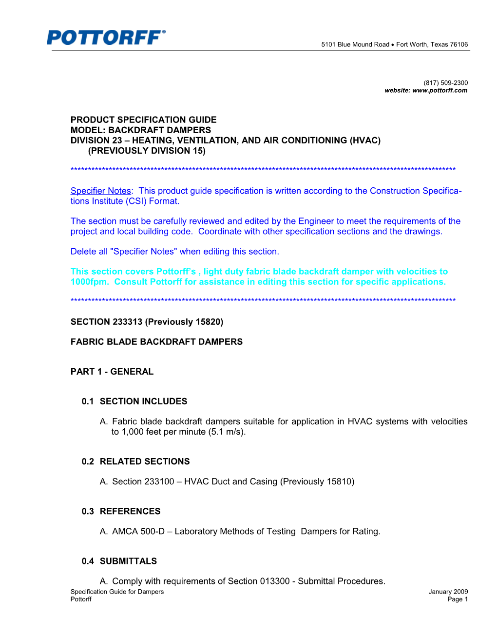 Division 23 Heating, Ventilation, and Air Conditioning (Hvac) (Previously Division 15)