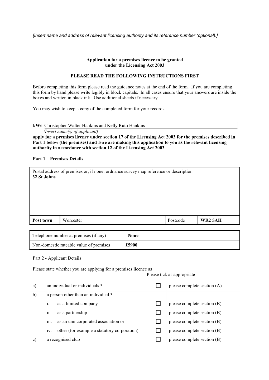 Insert Name and Address of Relevant Licensing Authority and Its Reference Number (Optional)