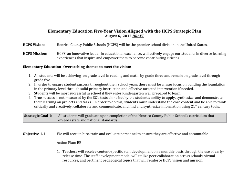 Elementary Education Five-Year Vision Aligned with the HCPS Strategic Plan