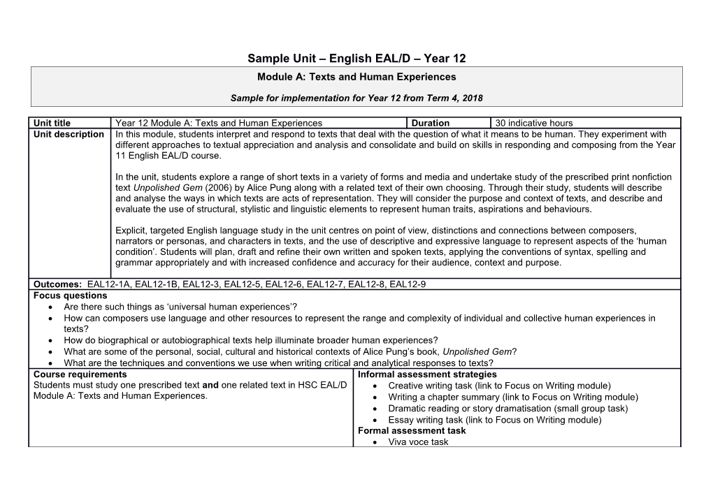 Sample Unit Year 12 EAL/D Texts and Human Experiences