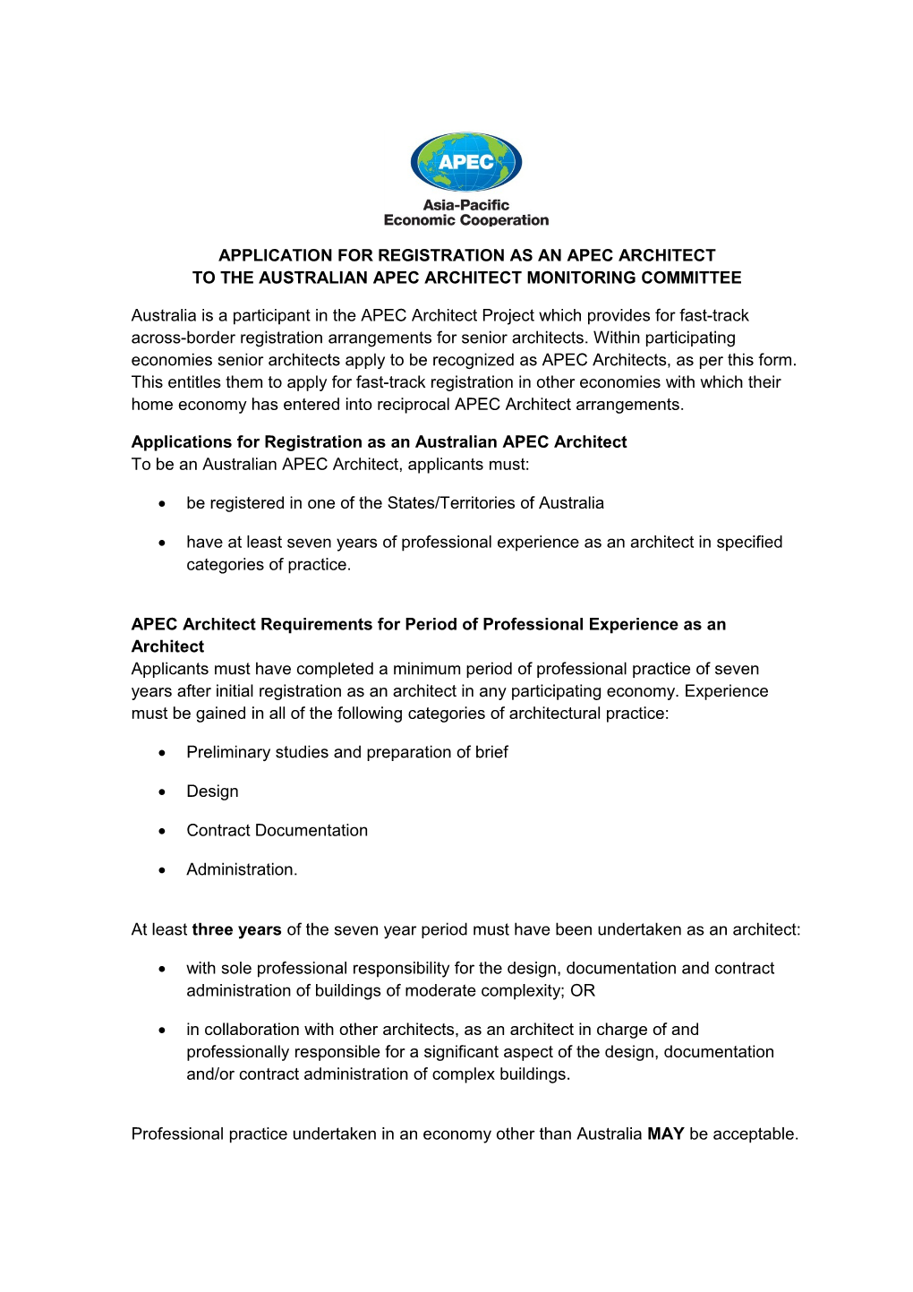 Application for Registration As an Apec Architect to the Australian Apec Architect Monitoring