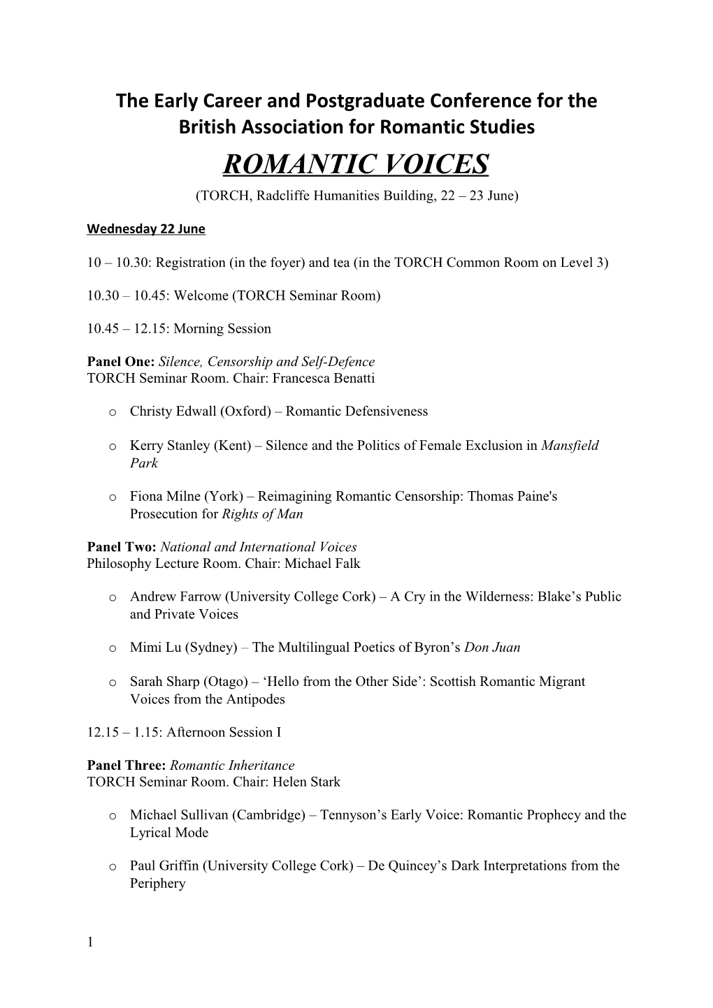The Early Career and Postgraduate Conference for the British Association for Romantic Studies