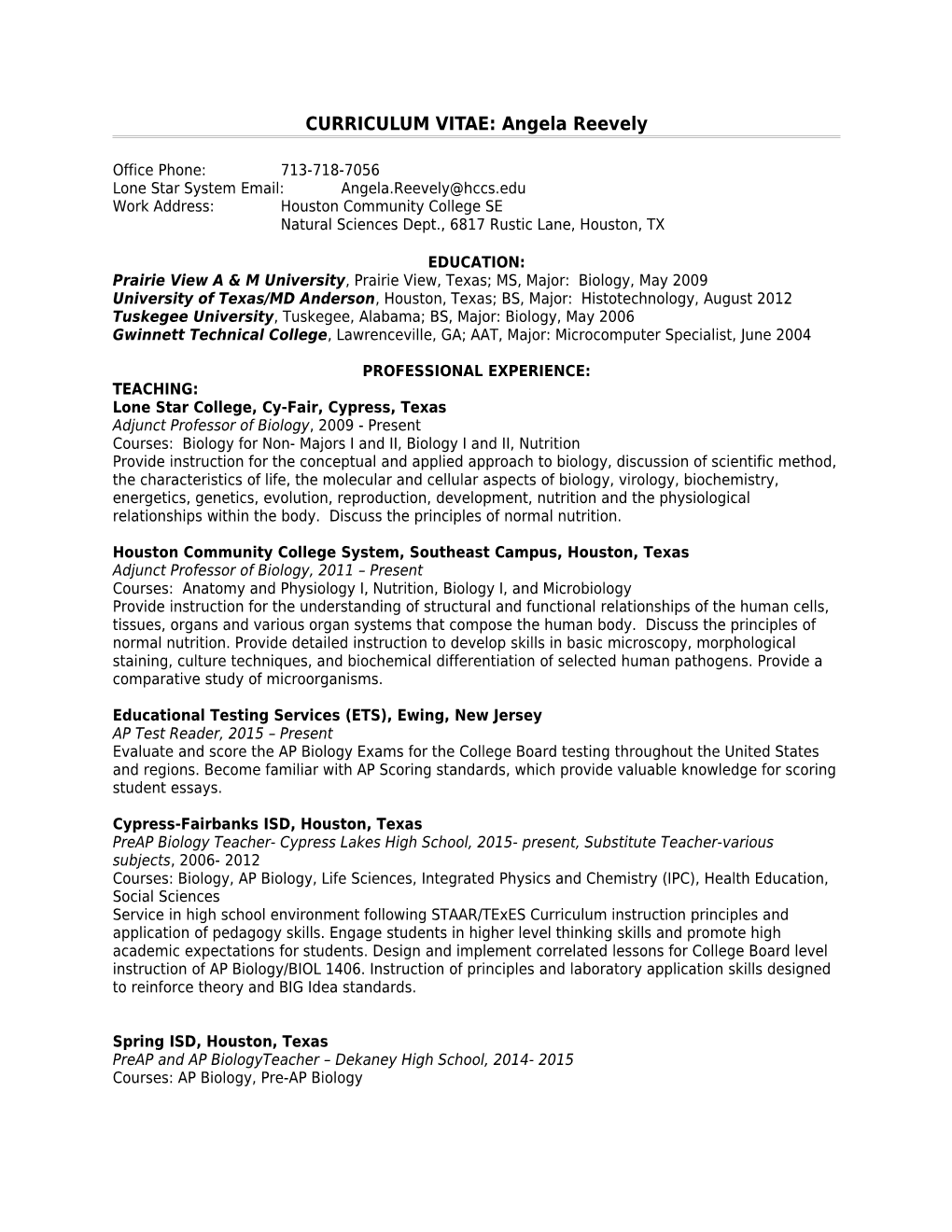 CURRICULUM VITAE: Angela Reevely