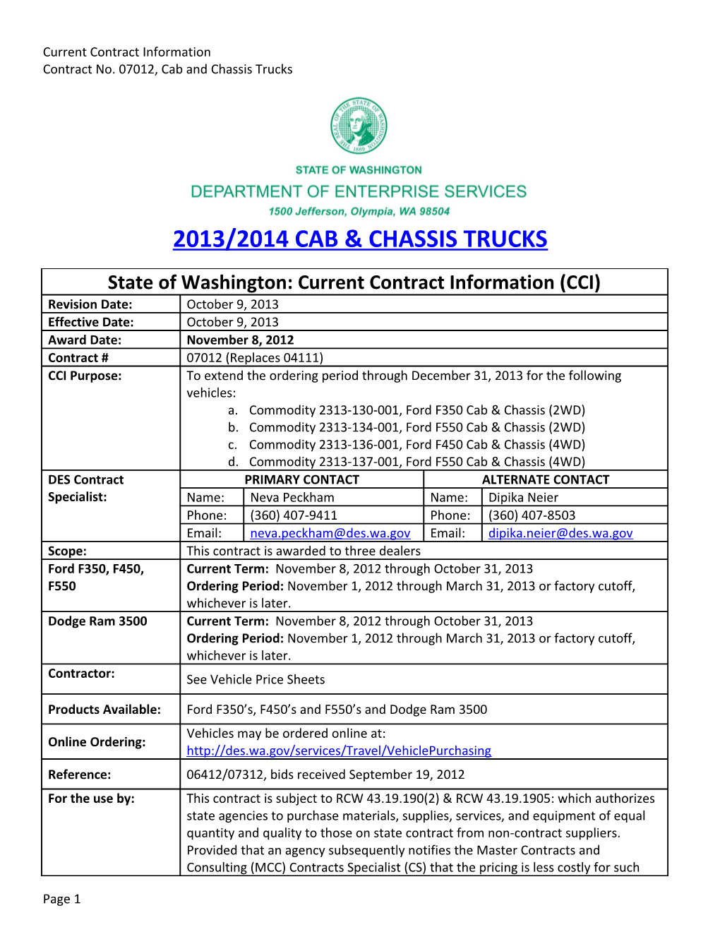 Contract No. 07012, Cab and Chassis Trucks