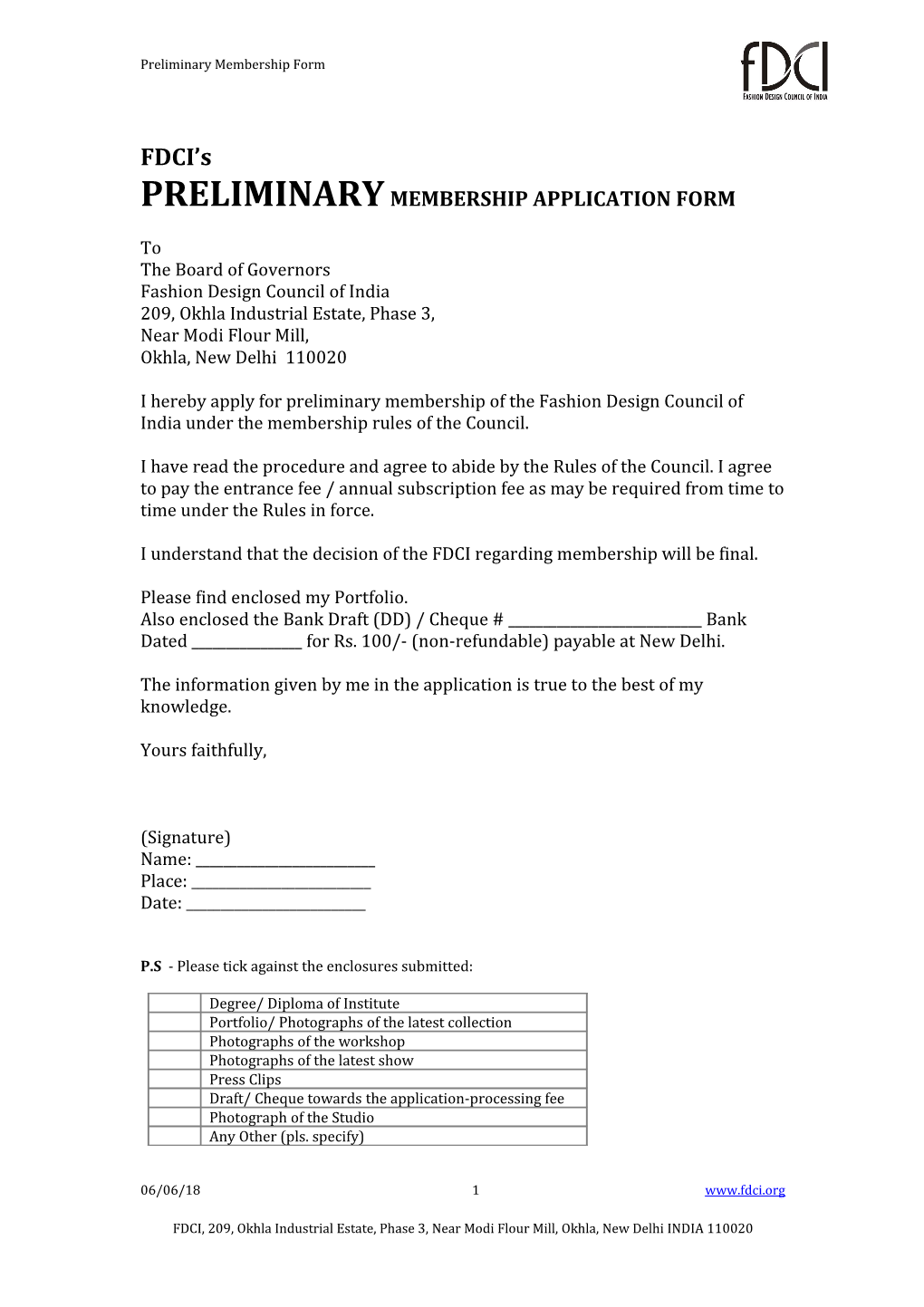 Preliminary Membership Application Form