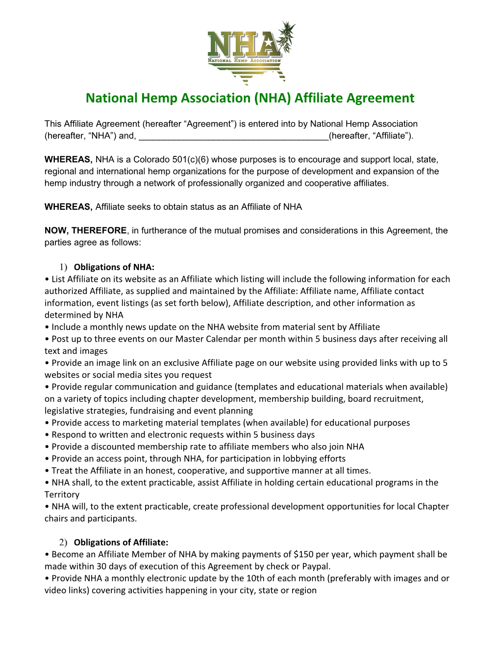National Hemp Association (NHA) Affiliate Agreement