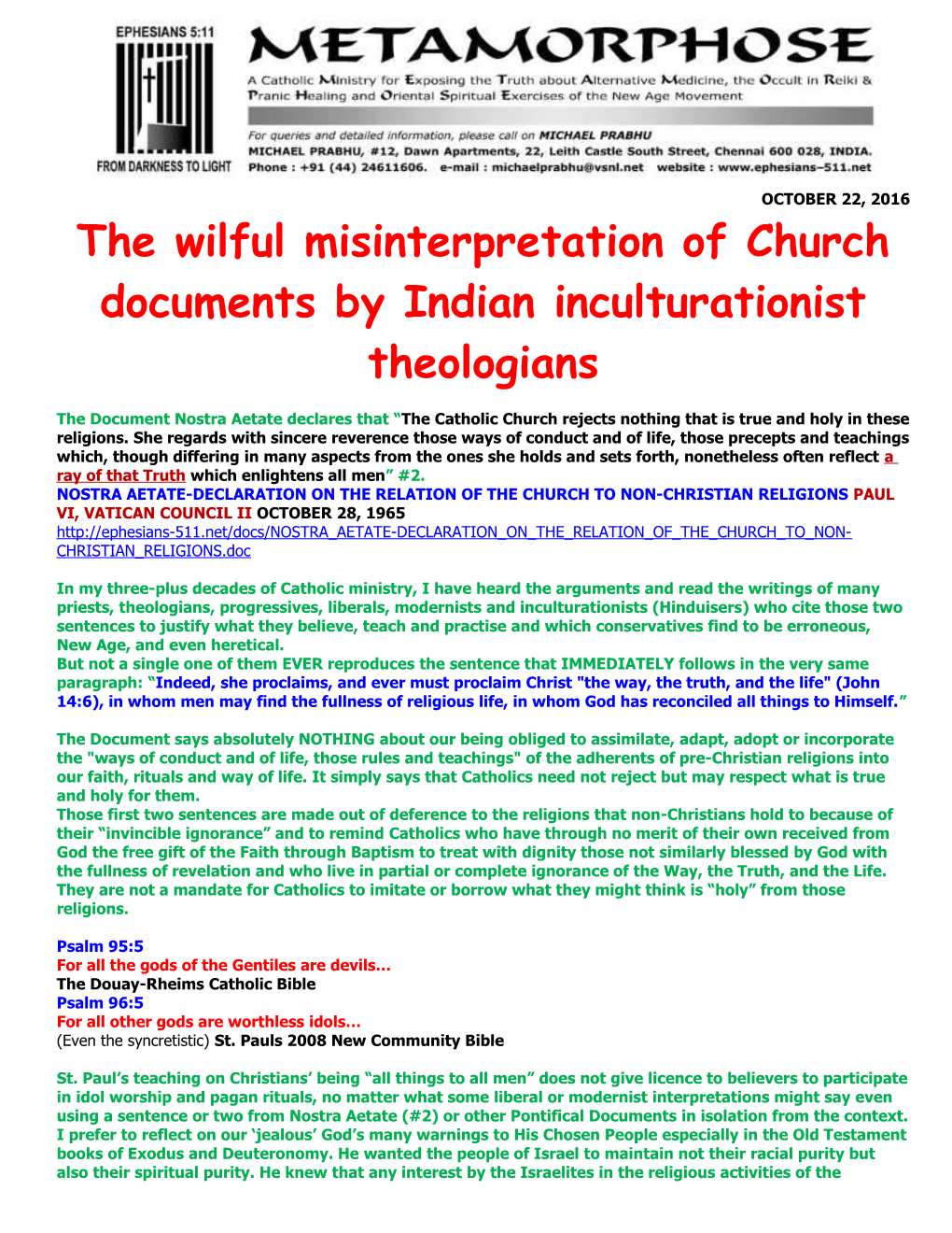 The Wilful Misinterpretation of Church Documents by Indian Inculturationist Theologians
