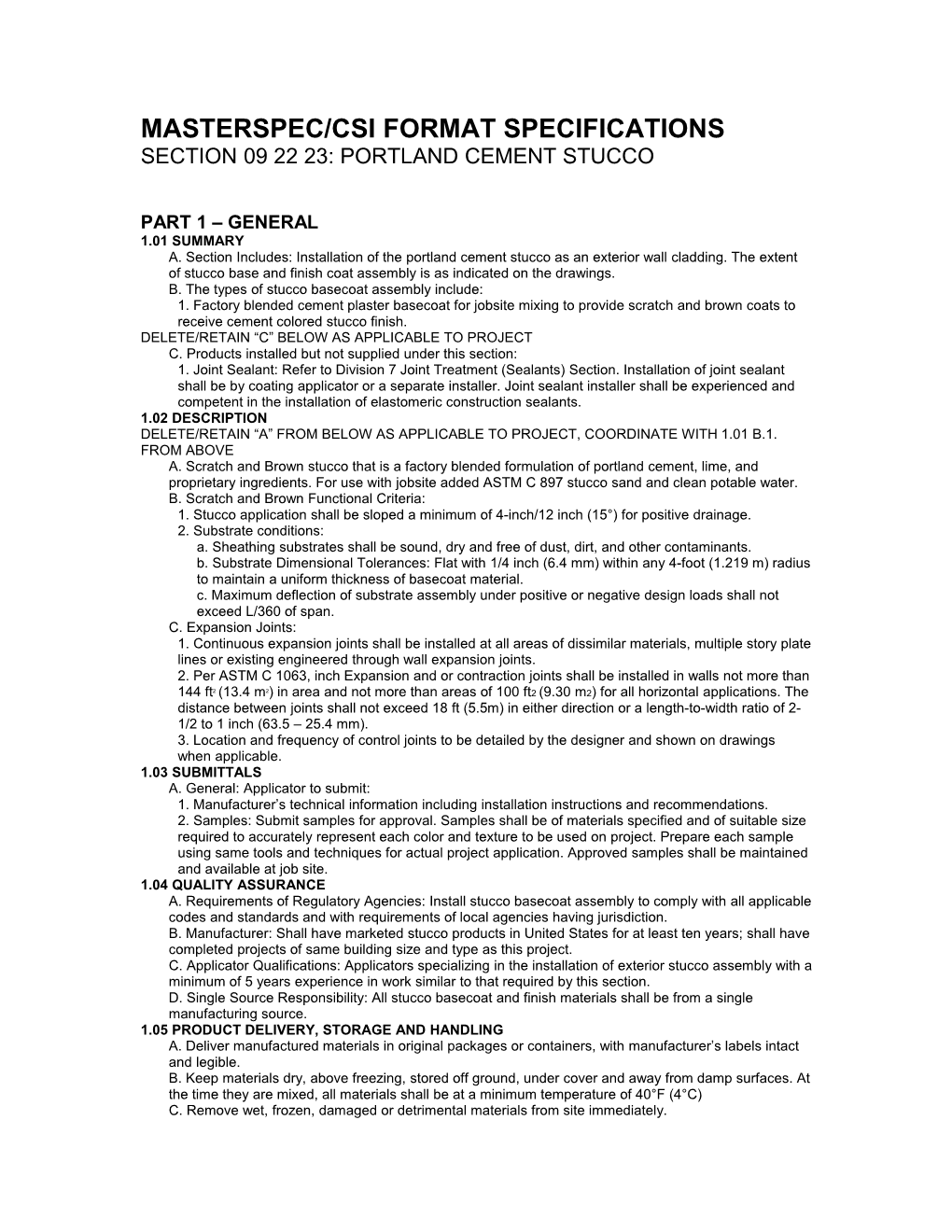 Masterspec/Csi Format Specifications