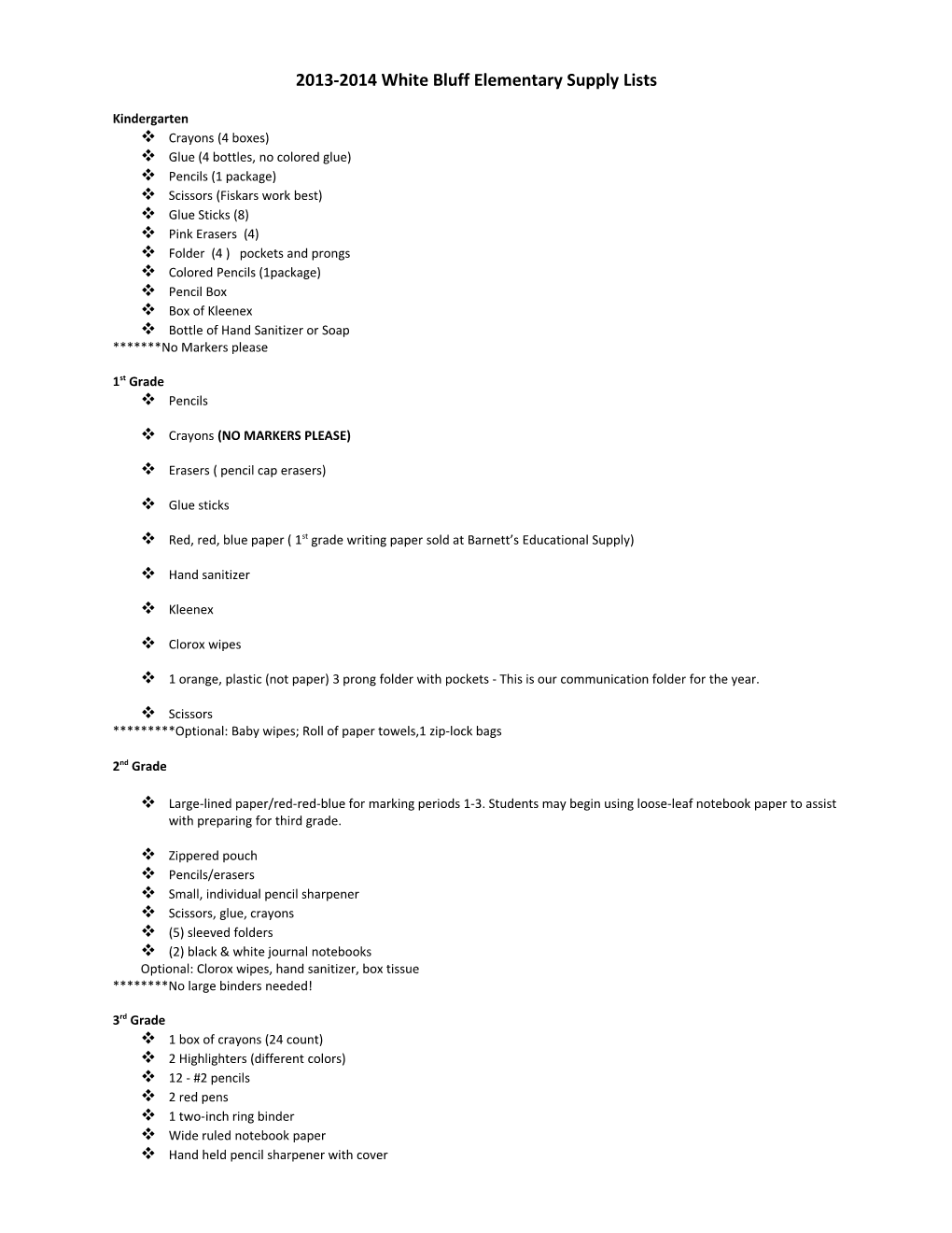 2013-2014 White Bluff Elementary Supply Lists