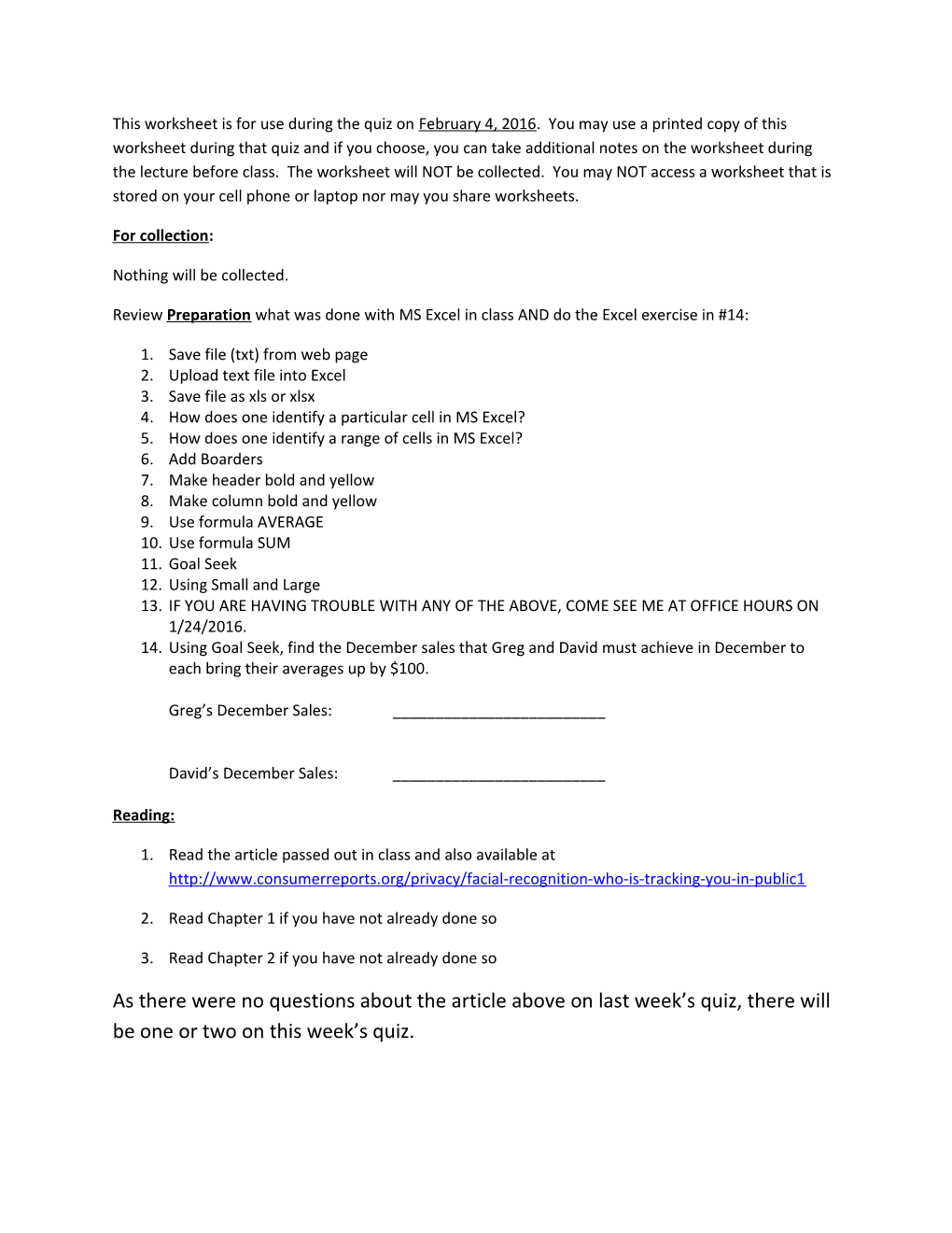 Review Preparationwhat Was Done with MS Excel in Class and Do the Excel Exercise in #14