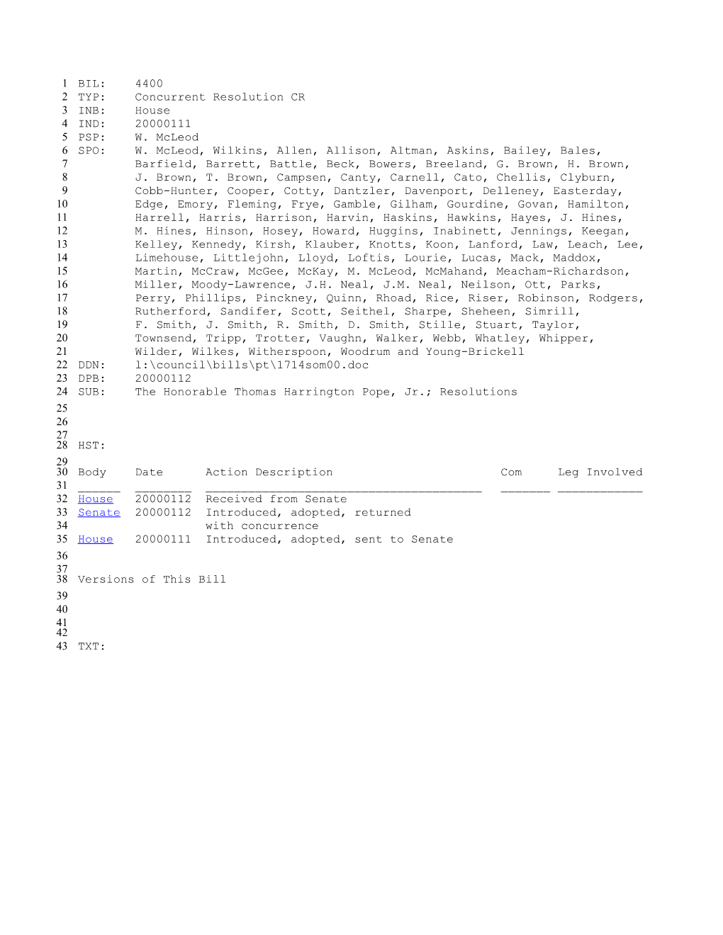 1999-2000 Bill 4400: the Honorable Thomas Harrington Pope, Jr.; Resolutions - South Carolina