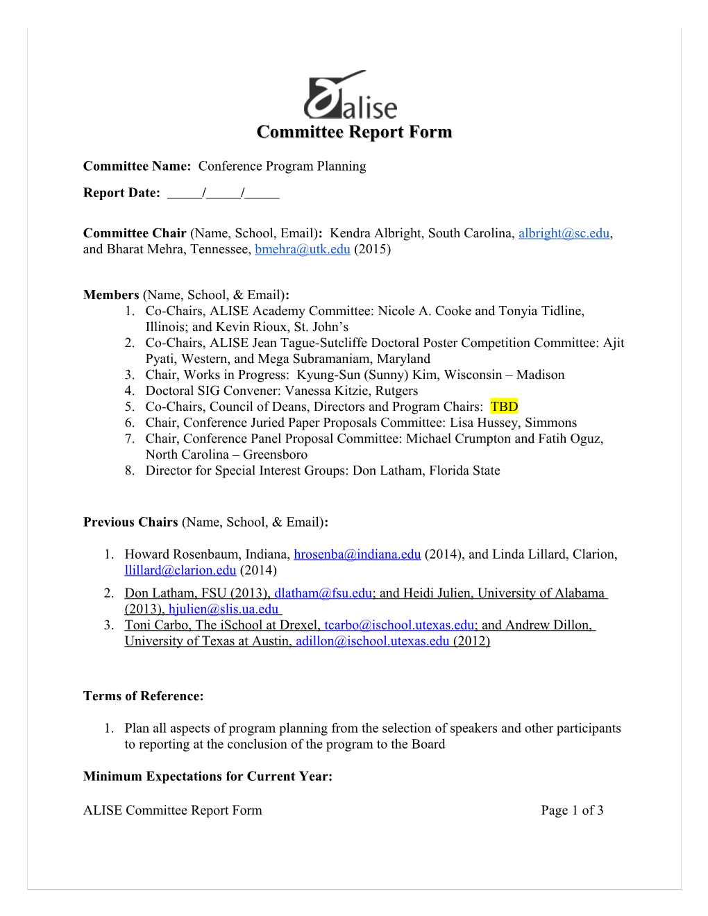 Annual Report Form for Committee Chairs Or Organizational Liaisons