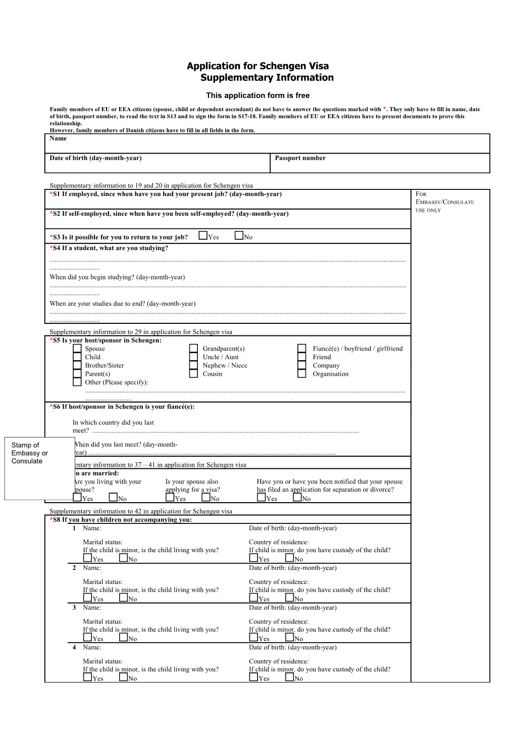 Supplementary Information to Application for Schengen Visa