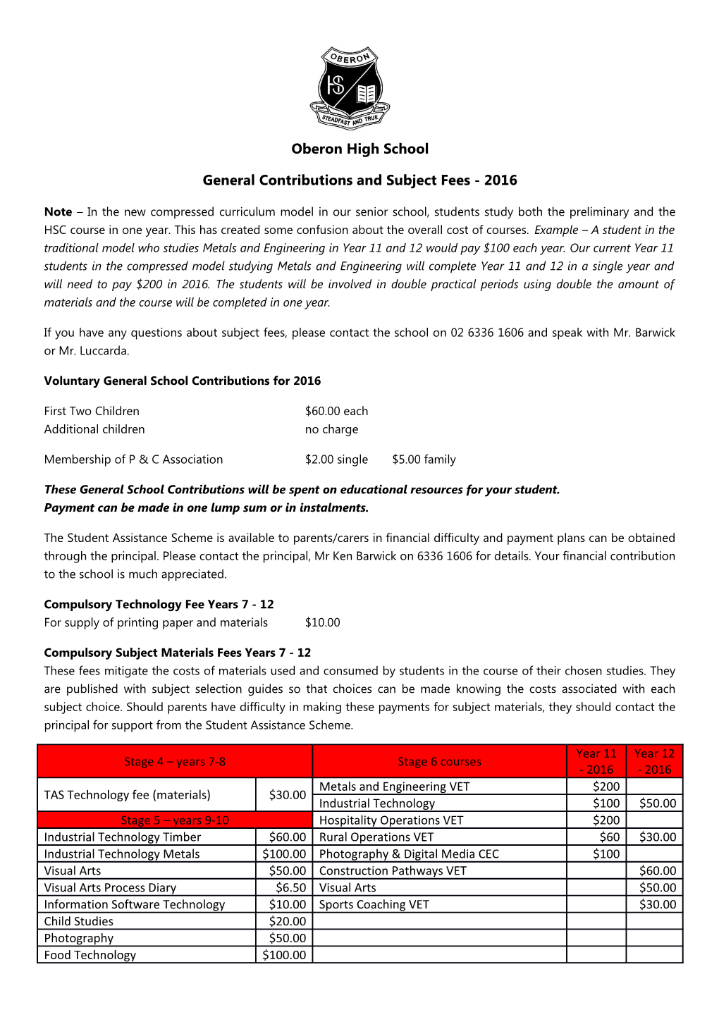 General Contributions and Subject Fees - 2016