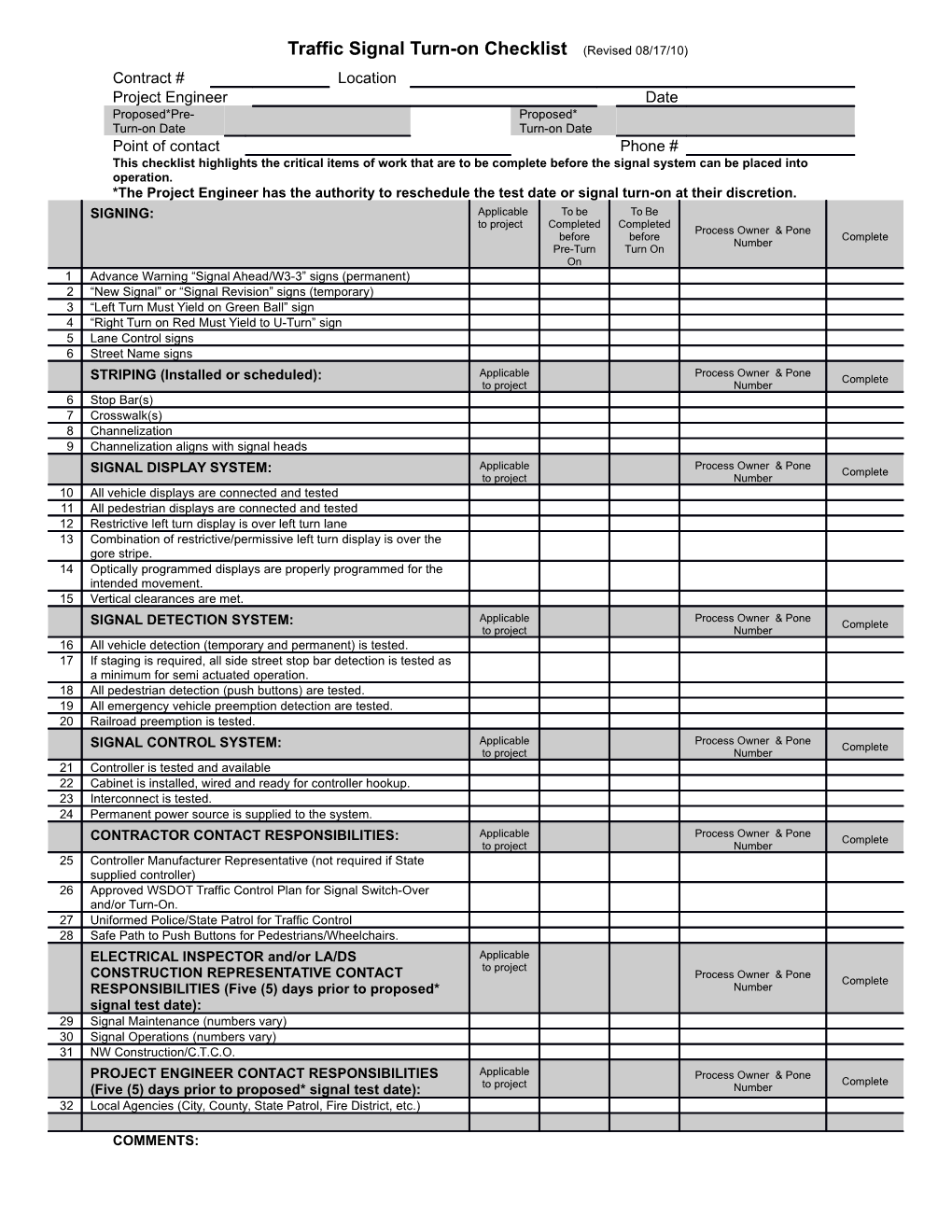 Traffic Signal Turn-On Checklist (Revised 08/17/10)