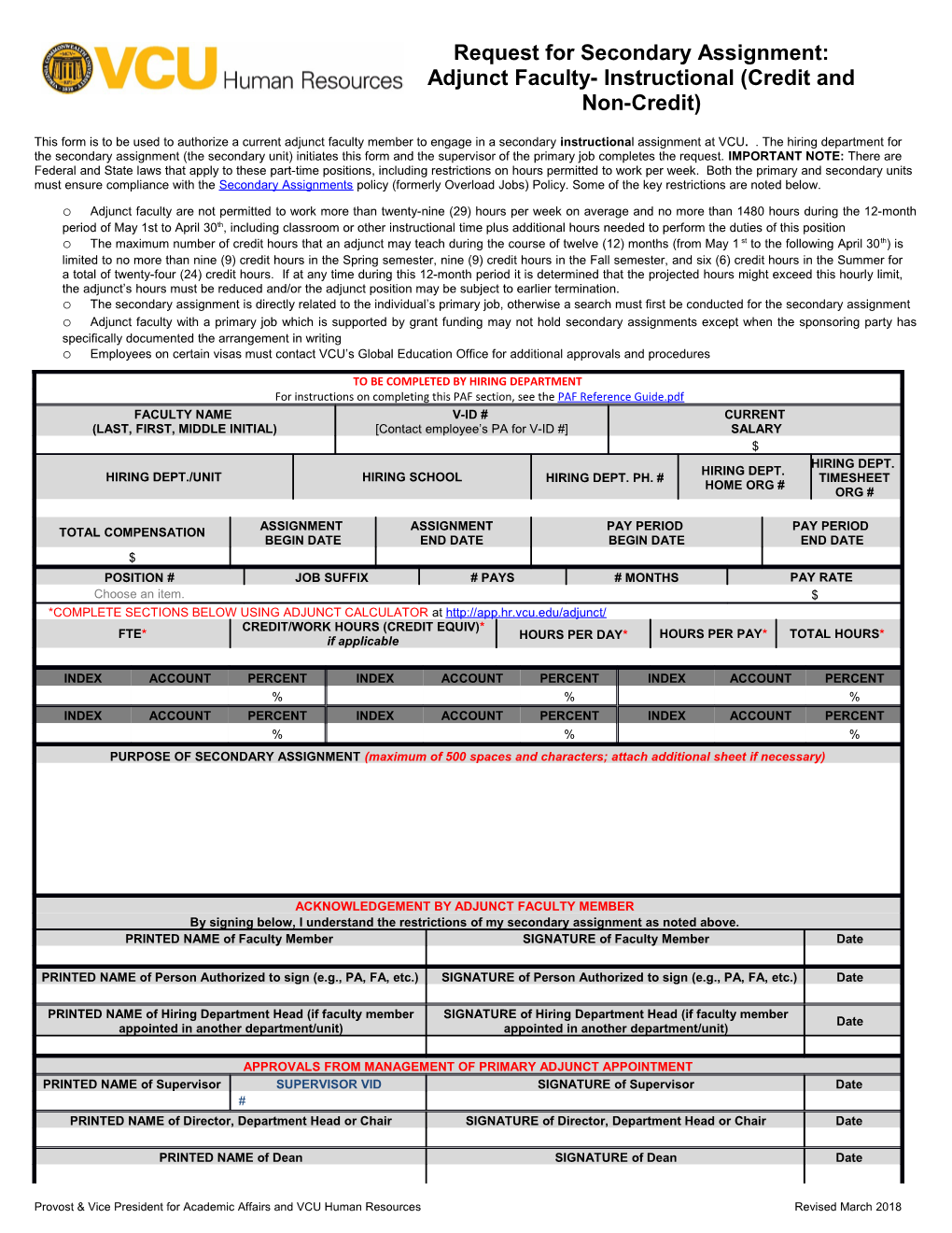 Request for Secondary Assignment: Adjunct Faculty- Instructional (Credit and Non-Credit)