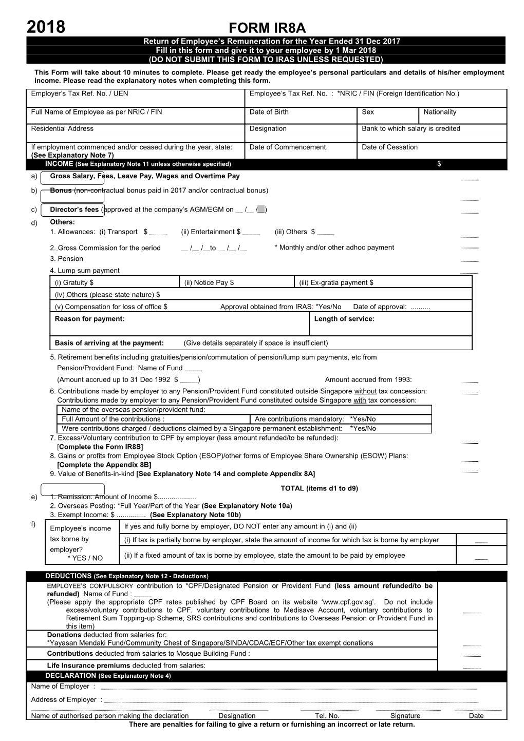 Do Not Submit This Form to Iras Unless Requested