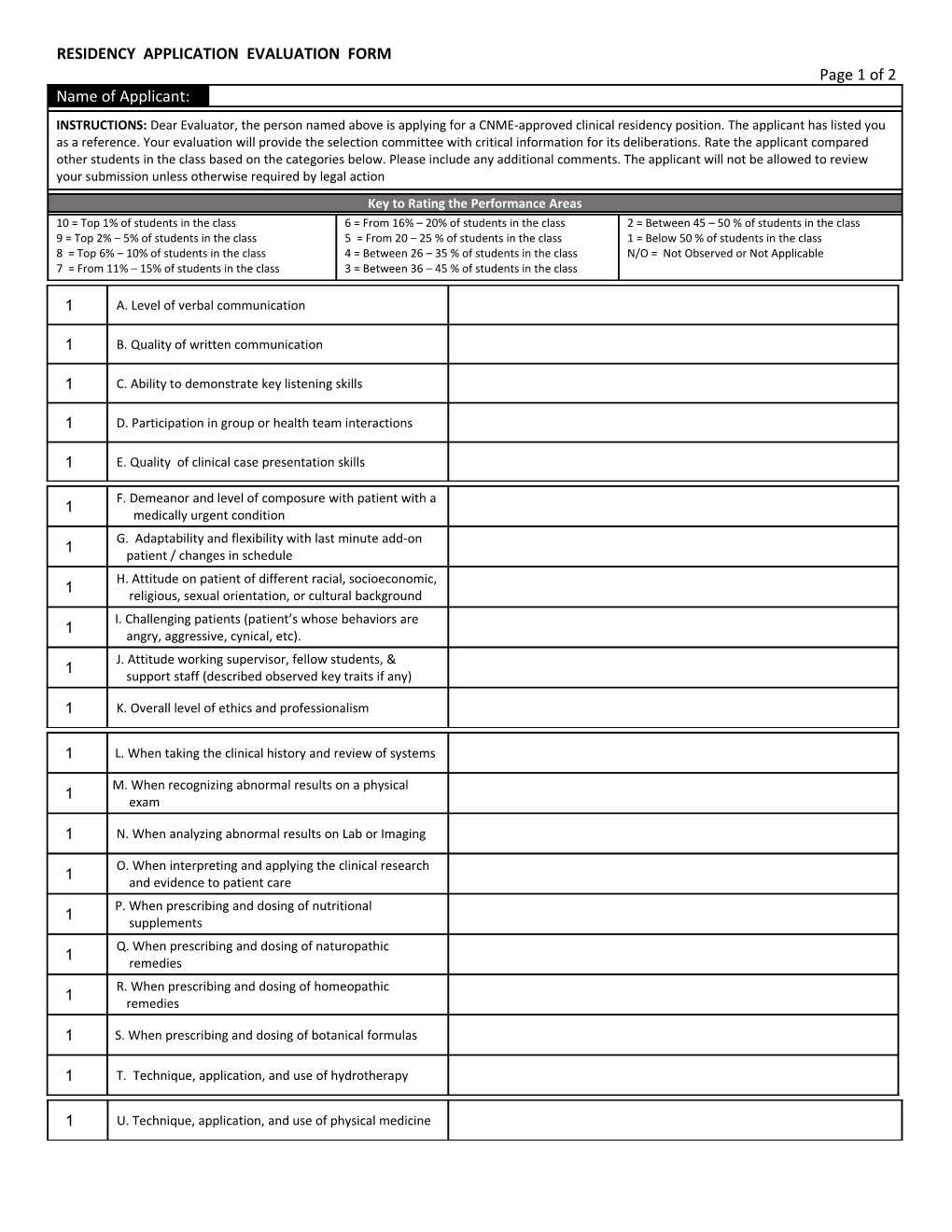 Residency Application Evaluation Form Page 2 of 2